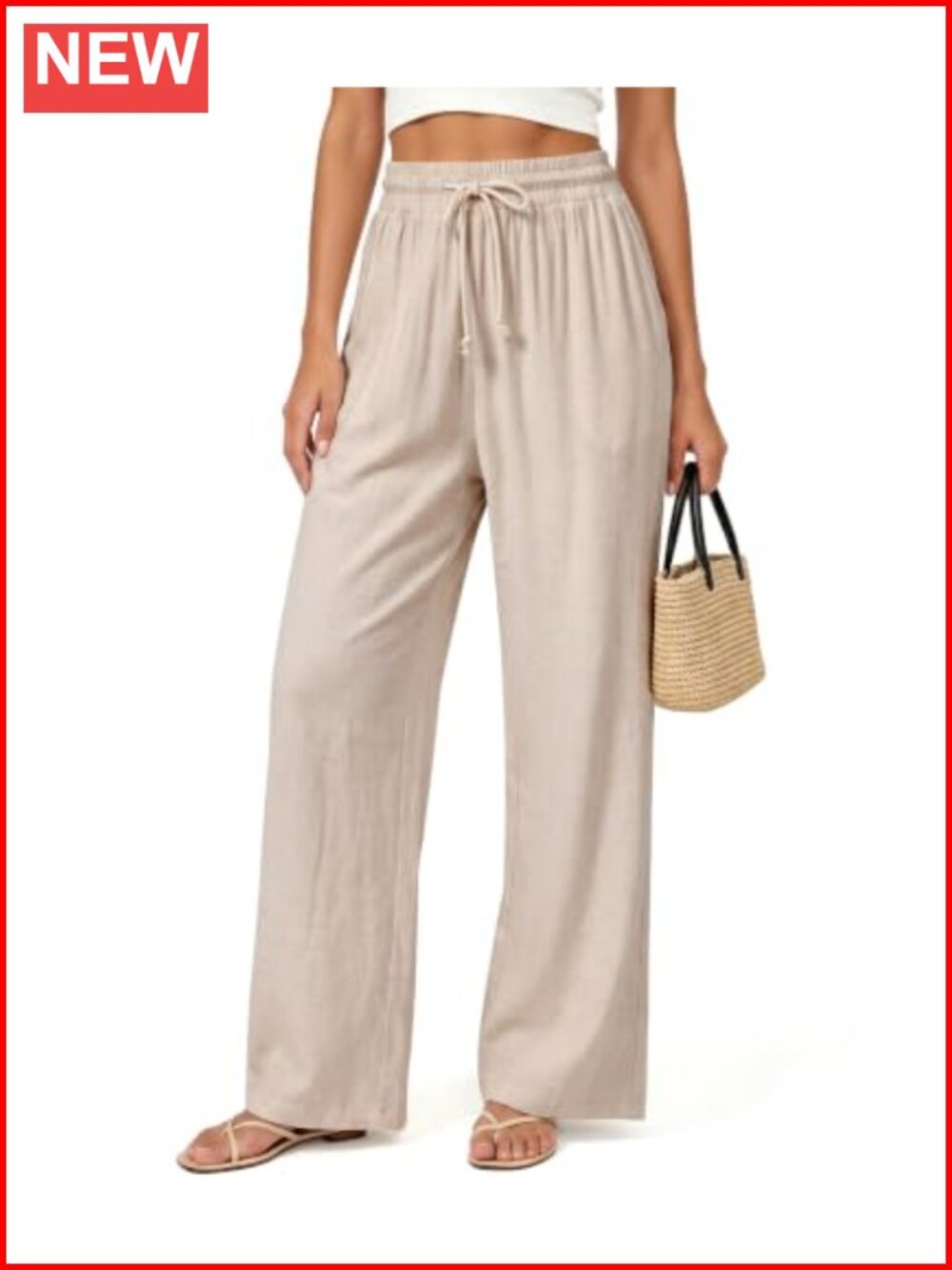 Linen Wide Leg Pants with Pockets Drawstring Flowy Casual Trousers